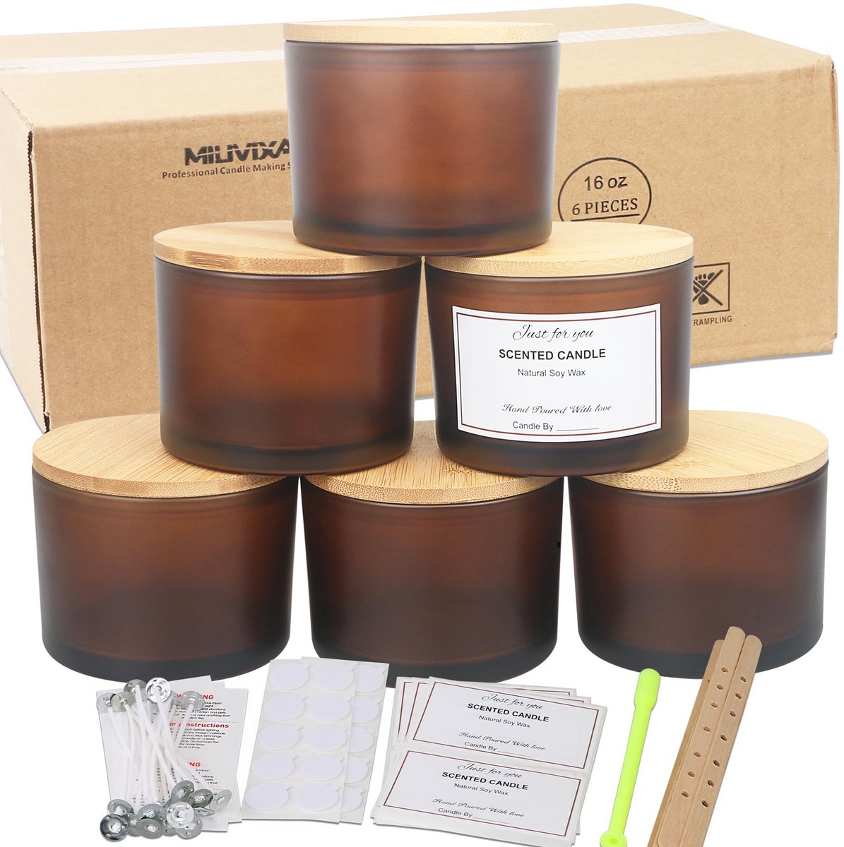 Omgoods - Set van 6 Geurkaars Potten met Bamboe Deksel - Voor Kaarsen Maken
