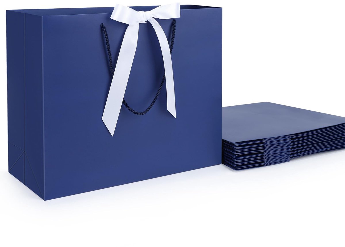 Omgoods - Donkerblauwe Cadeautassen met Strik - 10 Stuks Grote Papieren Tassen 32x11.5x28cm voor Feesten