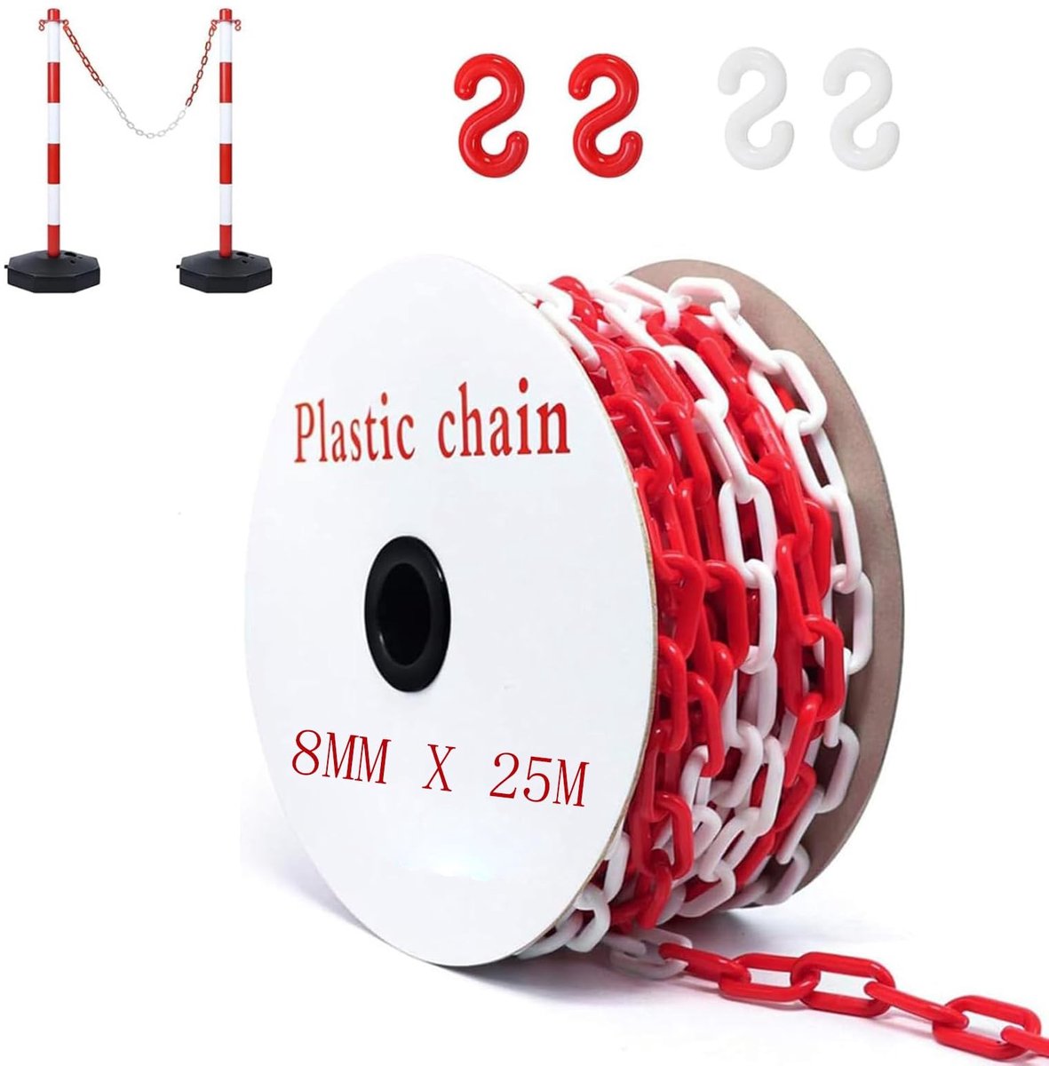 Omgoods - 25 m Waarschuwingsketting - Rood/Wit Plastic met 4 S-Haakjes
