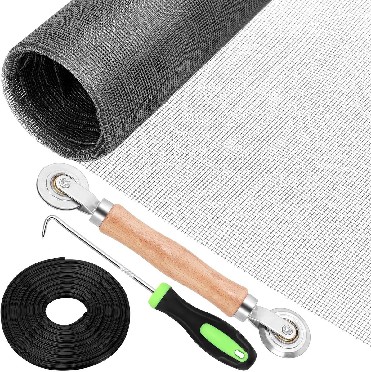 4Pcs Screen Repair Kit, Inclusief Grey Screen Mesh, Double Sided Screen Roller, Window Screen Hooks, Retainer Spline, voor het vervangen en installeren van deur- en raamschermen