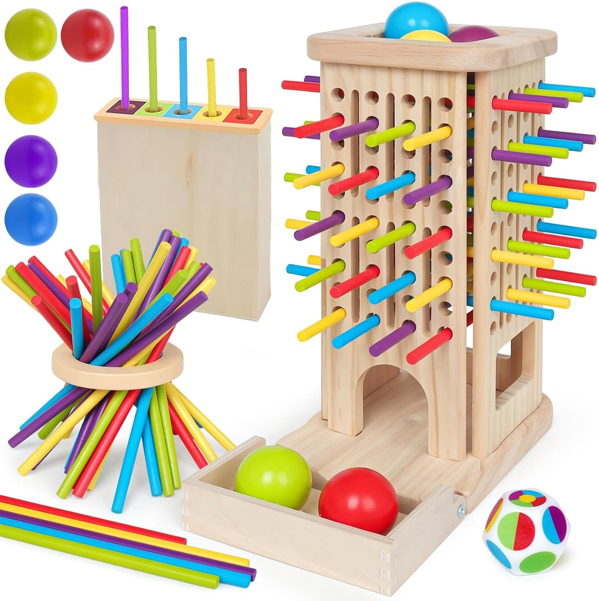 3-in-1 Houten Bordspel Montessori-speelgoed vanaf kinderen 3-9 jaar | 40 stuks kleurrijke houten staafjes, opbergdoos, sorteerspel, kleurenleertoren, familiespel, reisspel