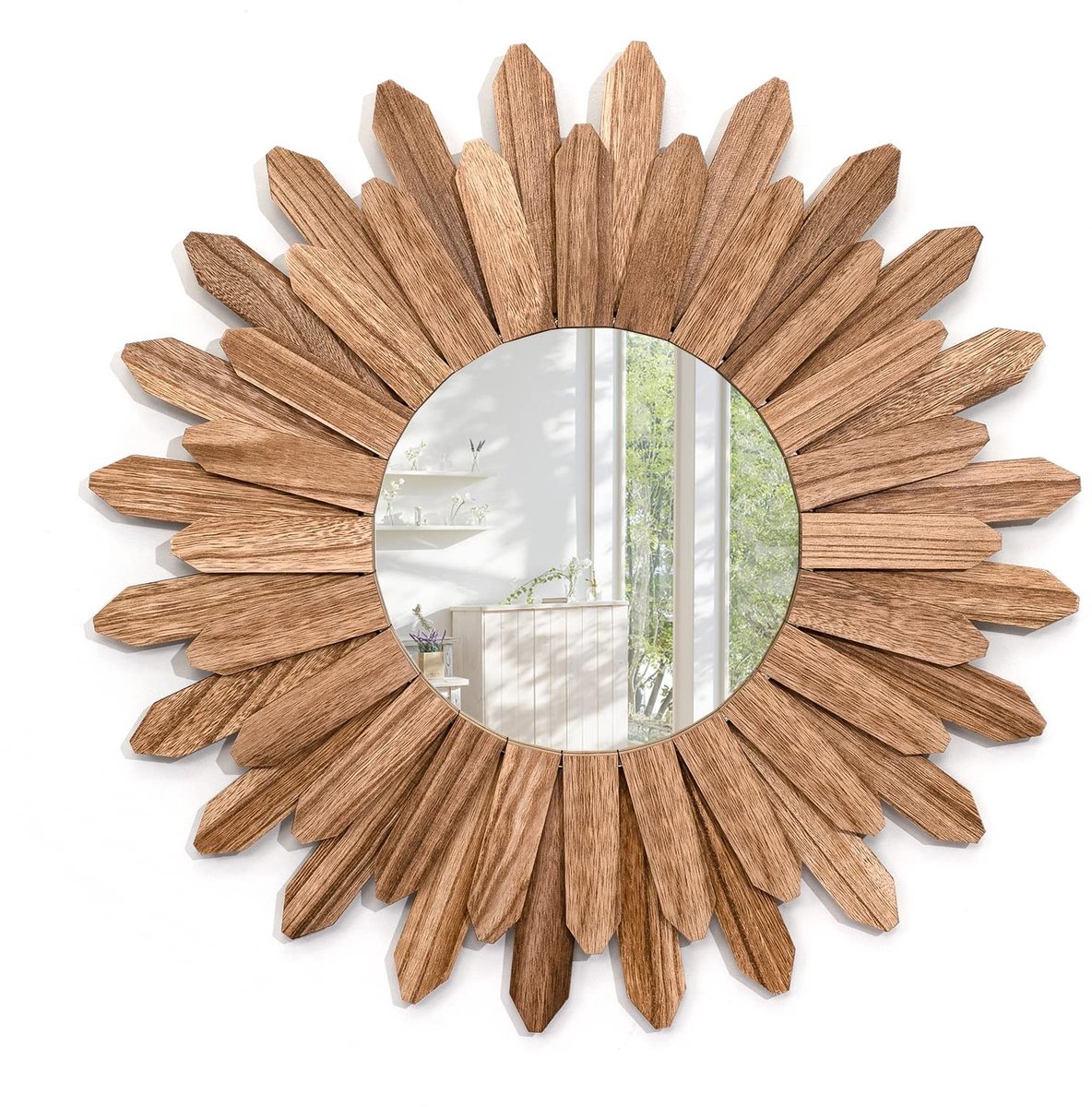 Omgoods - Bohemian Decoratieve Wandspiegel 53cm - Rond Met Houten Frame