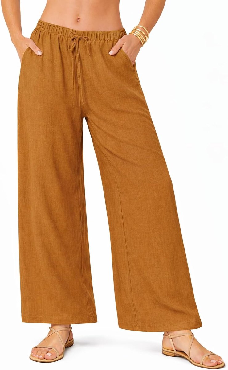 Zomerbroek voor dames, lichte wijde pijpen, luchtige viscose broek, 3 zakken, elastiek, pull-on trekkoord, effen, elegant, comfortabel, zomer, yogabroek, boho, casual, strand, reisbroek