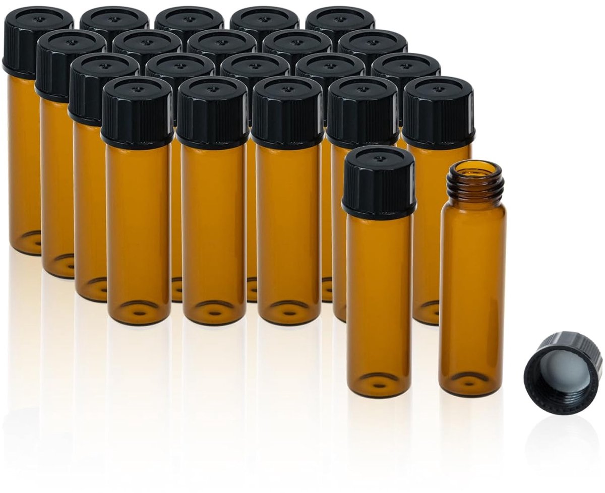 20st 8 mL Amber Glazen Proefflacons 24 mm Zwart Gesloten Bovenzijde PP-dop, PE-voering Steekproefcontainer Laboratoriumflesje 17 x 60 mm