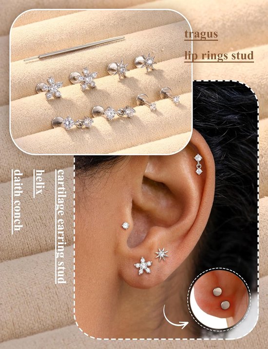 20G 18G 16G helix piercings tragus piercing voor dames roestvrij staal threadless neuspiercing push in flatback oorstekers goud zilver lip labret conch medusa nostril kraakbeen helix tragus — afbeelding 5