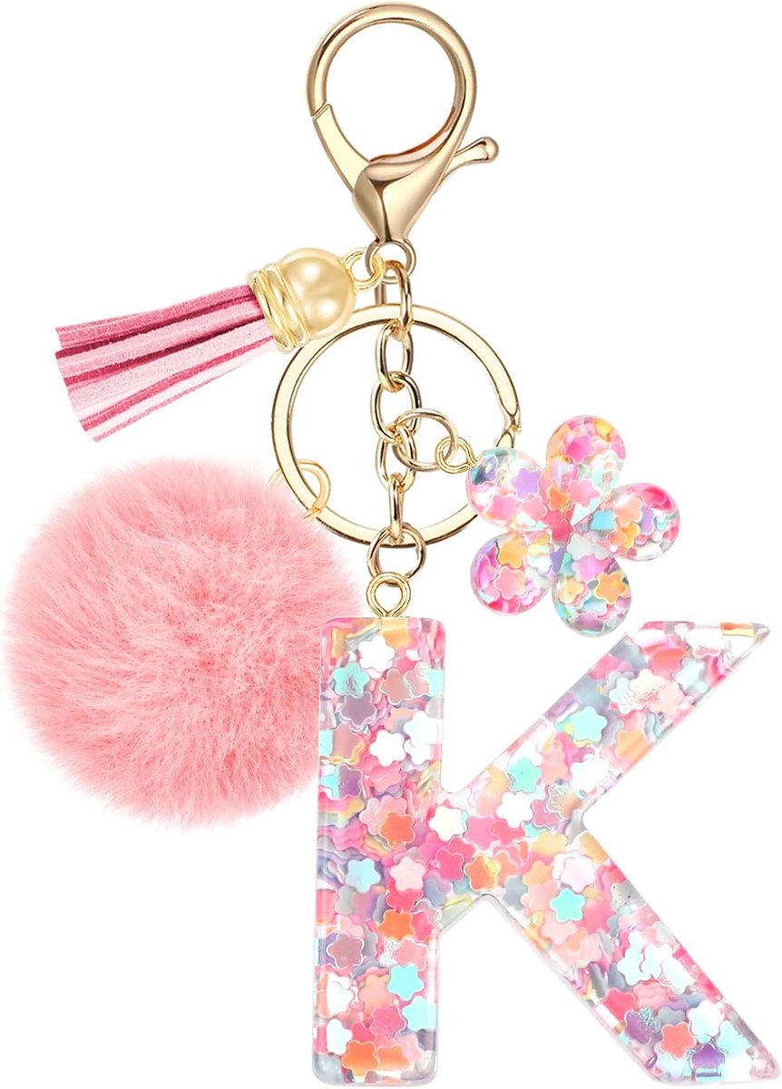 Initial Letter Sleutelhanger voor Meisjes, Leuke Roze Bloem Hars Alfabet Sleutelhangers, Pailletten Bloem Tas Charm Hangers