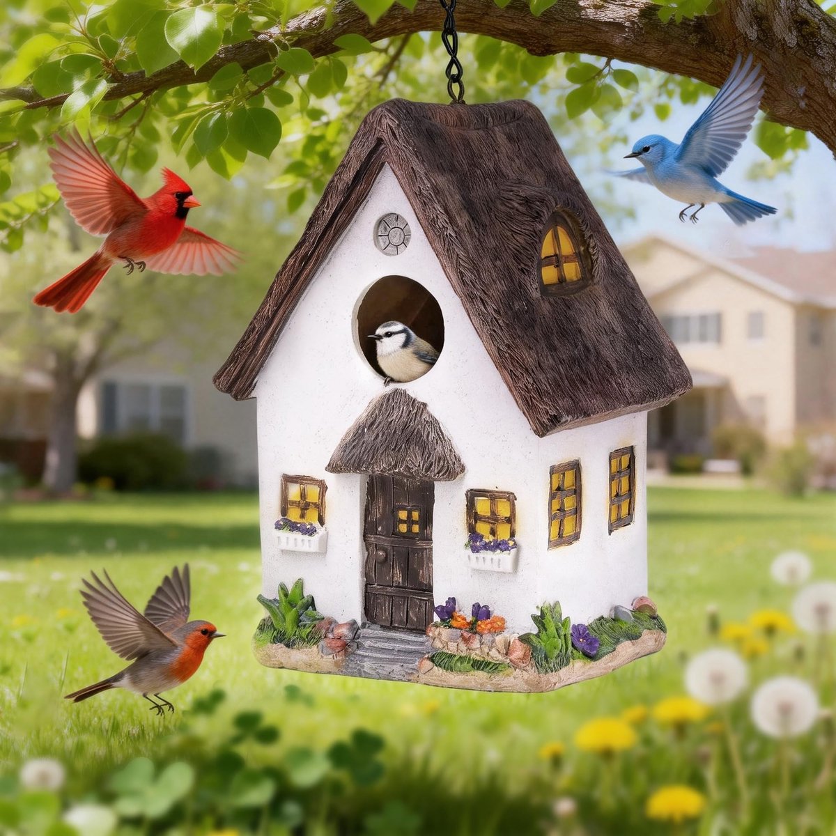 Omgoods - Vogelhuisje van weerbestendig hars met ophangketting