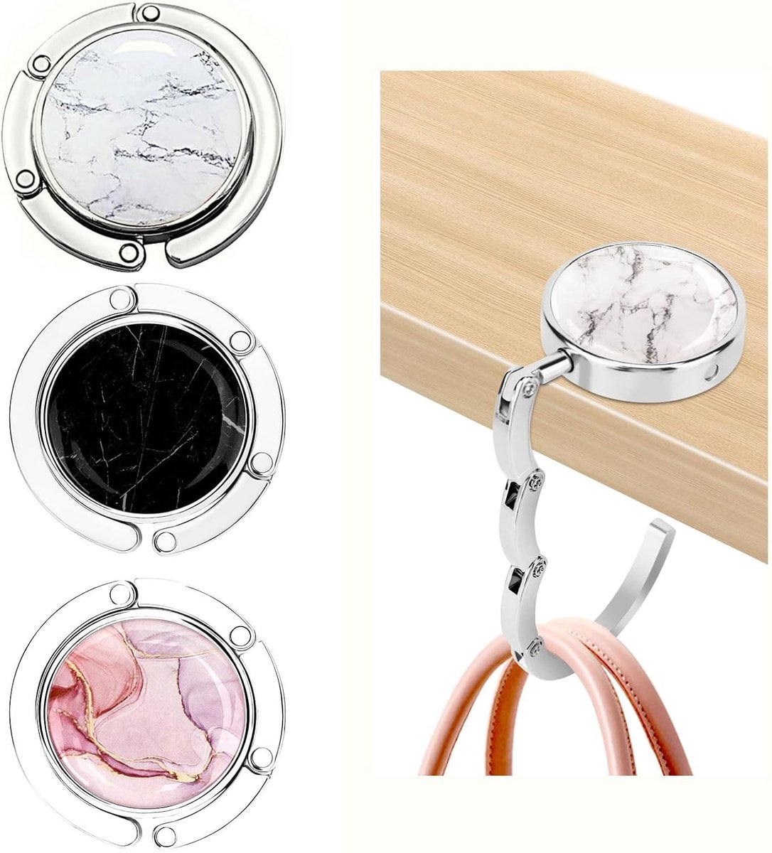 Handtashouder voor tafel 3 stuks, vouwbare antislip handtashouder met marmering, tassenophanger, tassenhaak, houder voor handtassen, tafelhandtashouder haak voor restaurant