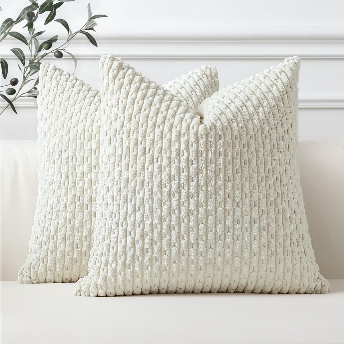 Omgoods - Set van 2 Crème Witte Zachte Corduroy Kussenhoezen - Boho Gestreepte Decoratie voor Woonkamer