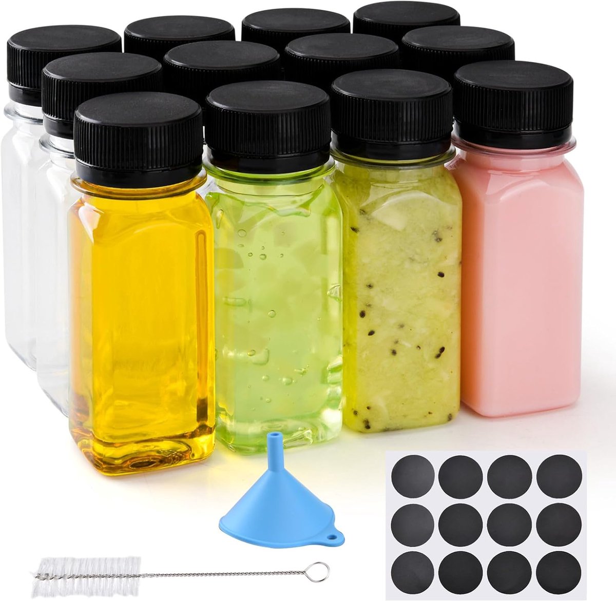 12 stuks 2 oz kleine plastic sapflessen met deksels, herbruikbare lekvrije gembershotfles met zwarte doppen, wellness mini-potjes, plastic containers voor smoothie, water, melk en andere dranken