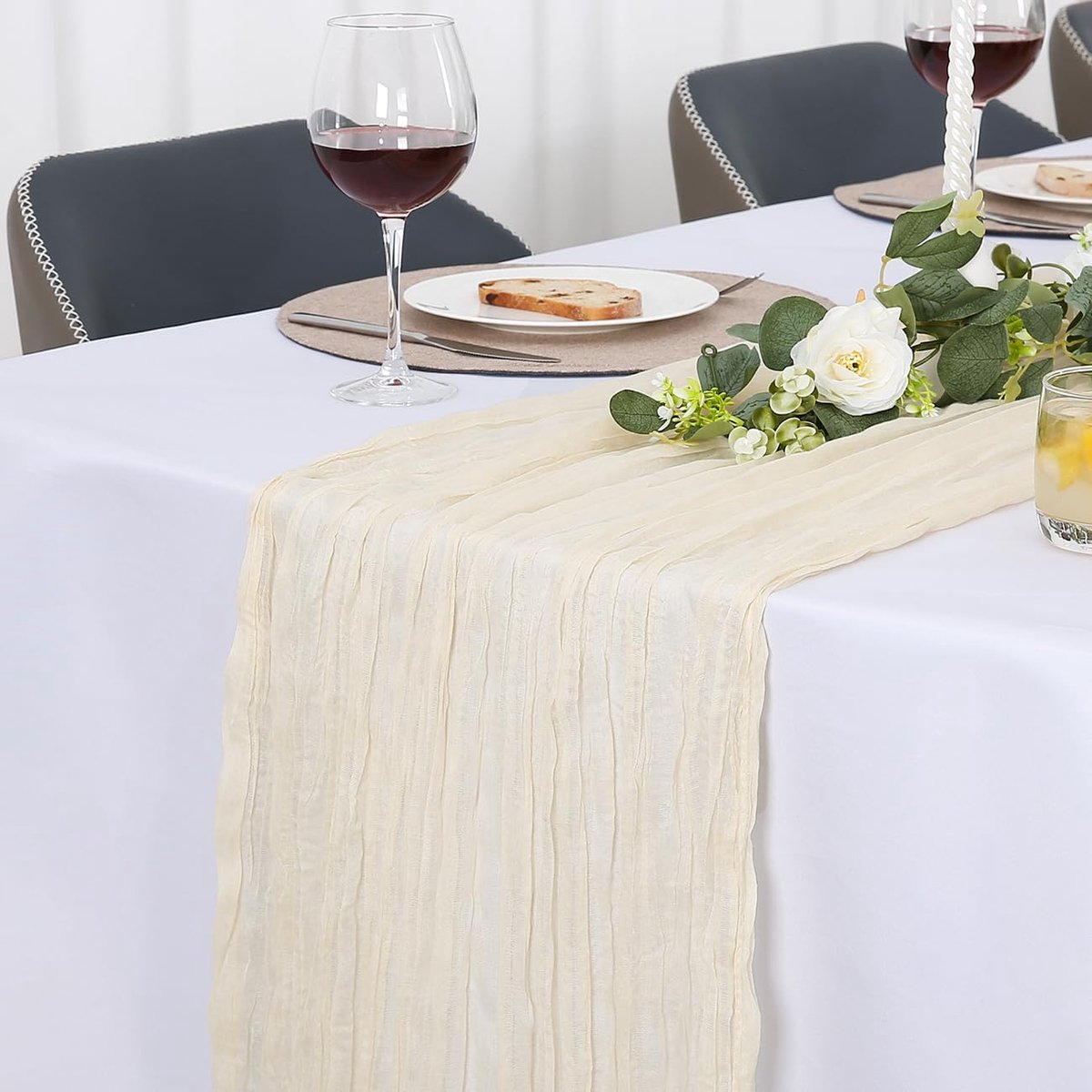 Tafelloper，Boho Gaas Tafelloper | Wasbaar Tafelkleed voor Bruiloften Eettafel Decoraties Gazen Stof Chiffon Bruiloft Decoratie Thuis Buiten Ivoorwit