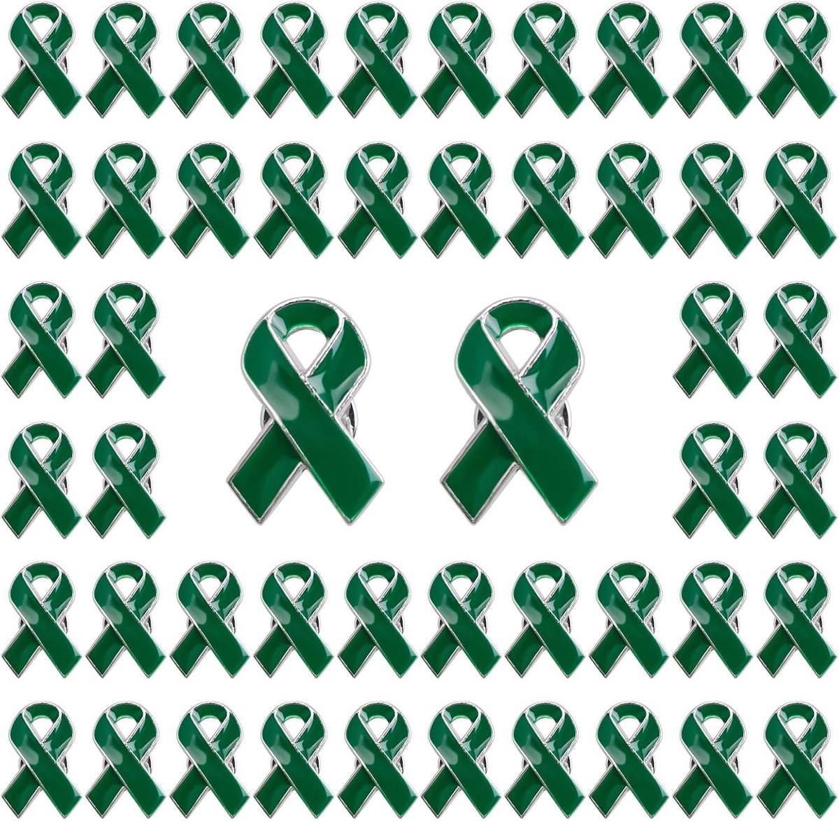 50 stuks groene lintpinnen, 1 * 0,8 inch Geestelijke Gezondheid Bewustzijn Badge Broches Milieubescherming Pins voor Liefdadigheid Evenement, Gelegeerd staal