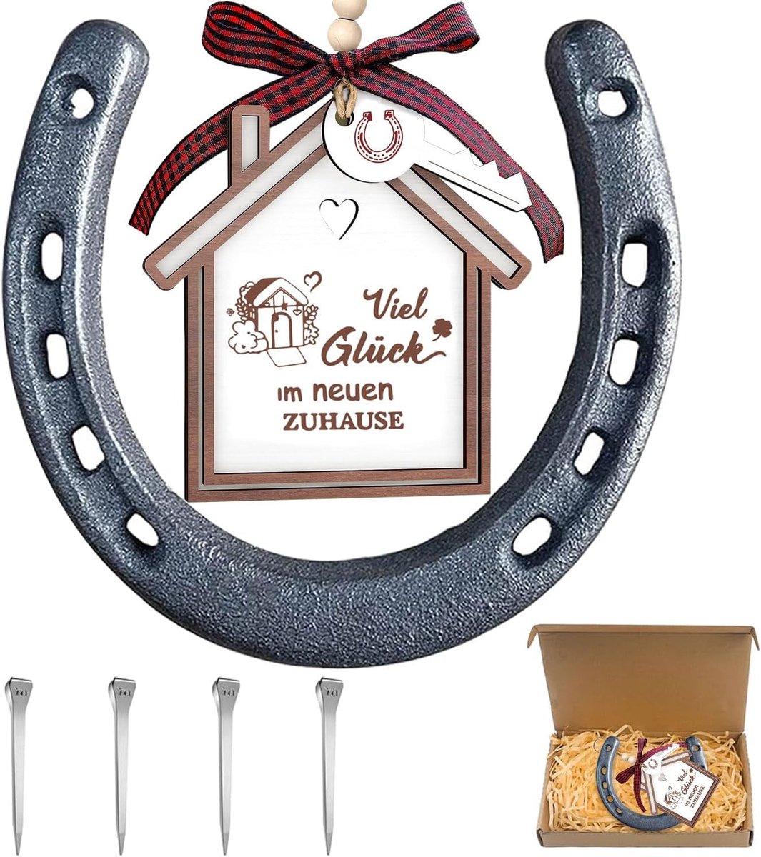 geluksbrenger, decoratiecadeauset voor bruiloft, housewarming, inclusief 1 hoefijzer, 1 houten geluksbrenger, 4 hoefijzernagels en geschenkdoos