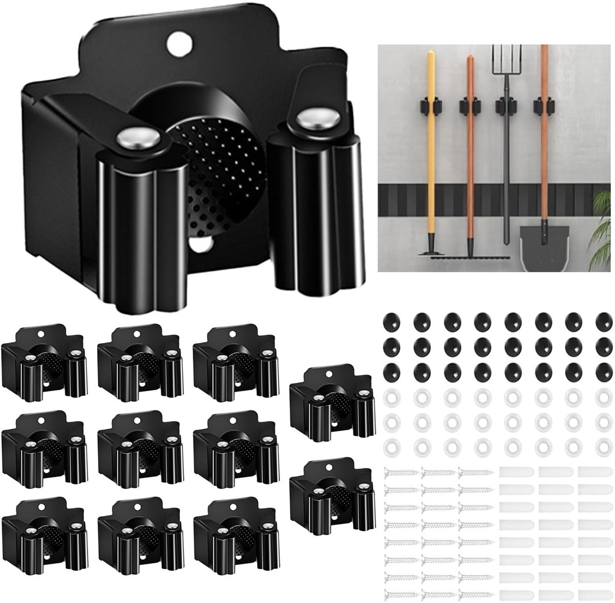 Omgoods - Set van 12 Broom Holders - Roestvrijstalen Wandhouder voor Tuingereedschap en Huishoudelijke Items