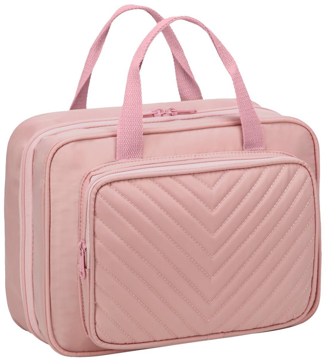 Omgoods - Toilettas voor Vrouwen - Grote Make-up Organizer met Transparante Vakjes en Haken (Roze)