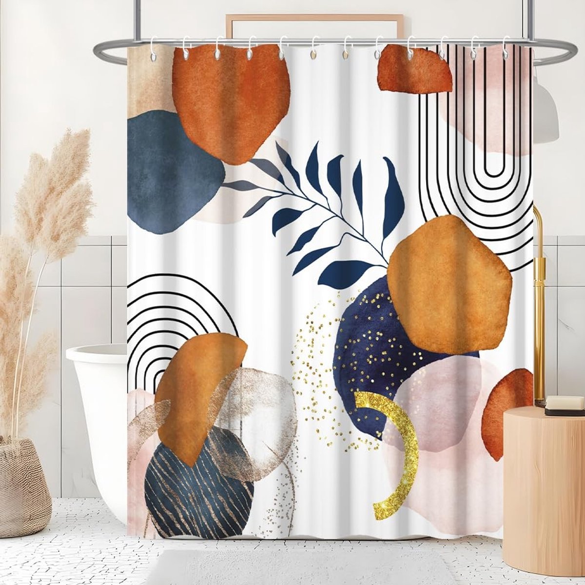 Omgoods - Bohemian Abstract Douchegordijn Blauw Terracotta 180 x 180 cm