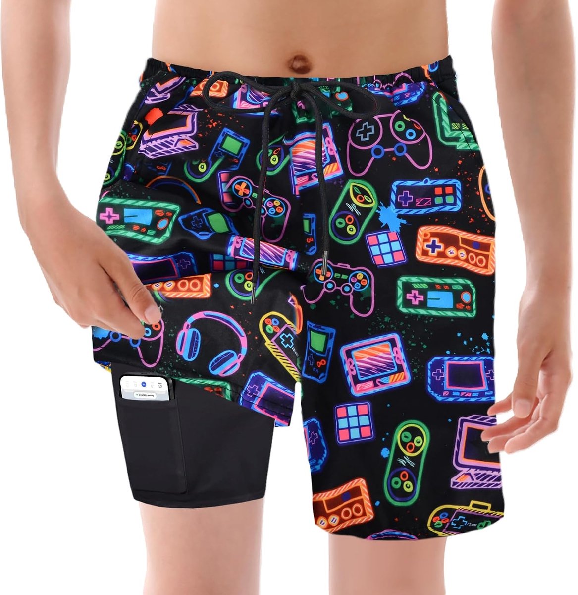 Jongenszwembroeken met compressievoering, zwemshorts voor kinderen met UV-bescherming 50+, sneldrogende zwemkleding, stijlvolle shorts geschikt voor hardlopen & fietsen, Neonzwart,130