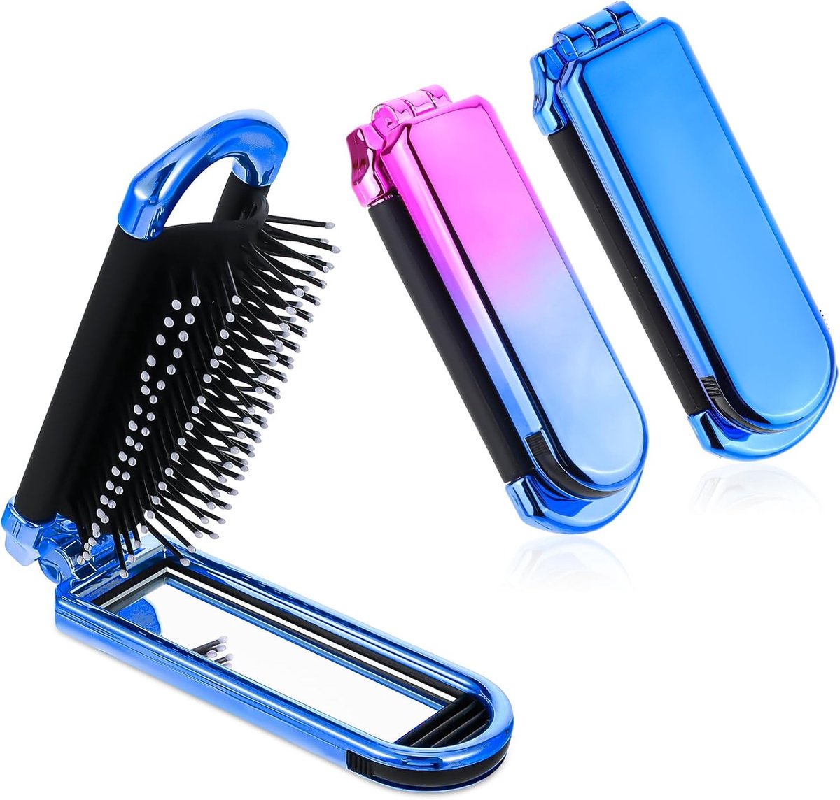 Haarborstel met spiegel, set van 2, opvouwbare natte haarborstel, haarmassagekam in reisformaat, compacte stylingtool voor vrouwen en mannen (roze en blauw)