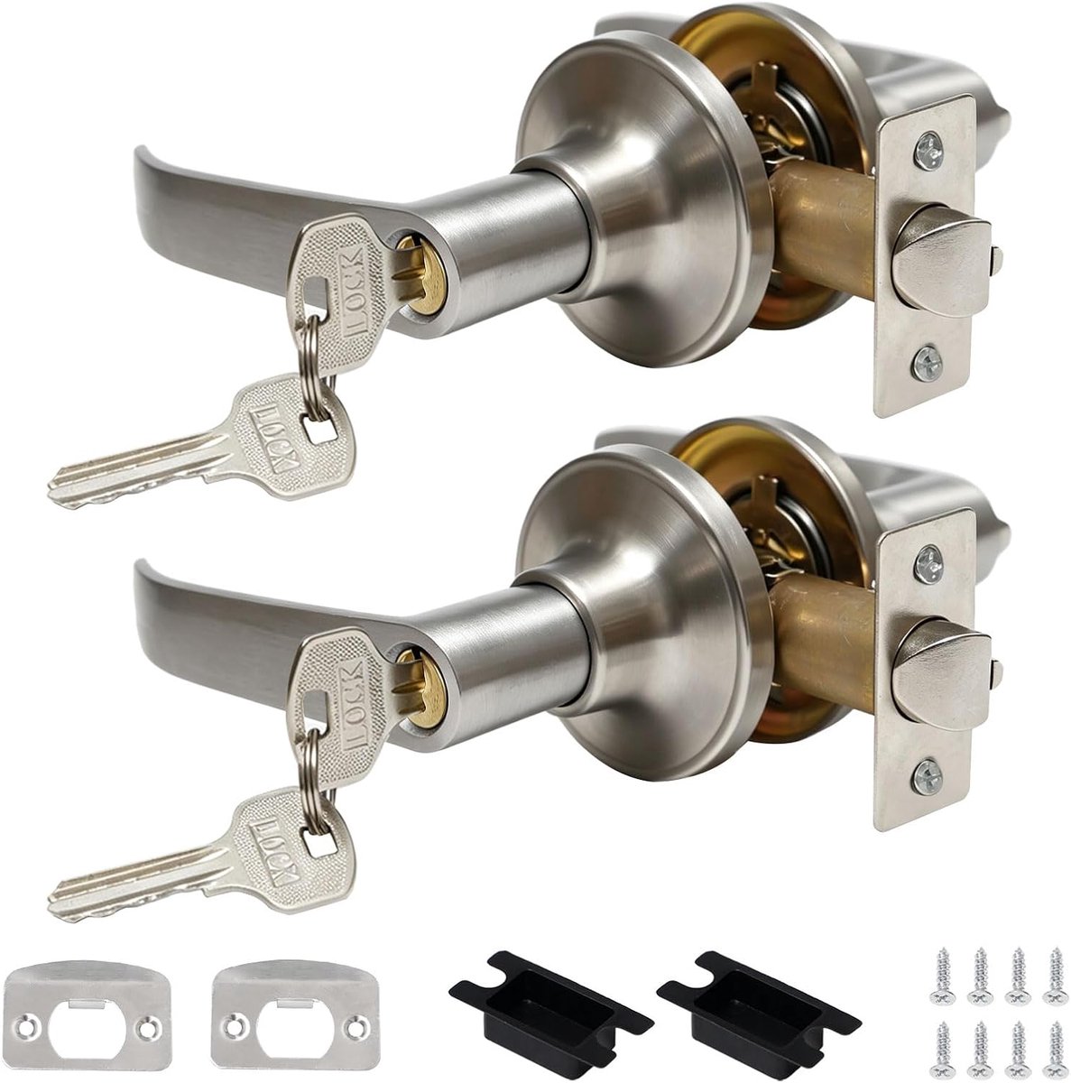 Deurgrepen met slot en sleutel, aluminiumlegering, binnenset, ronde ingangsdeurgreep, zilver, voor deurdikte 45-65 mm, slaapkamer, badkamer, 2 stuks