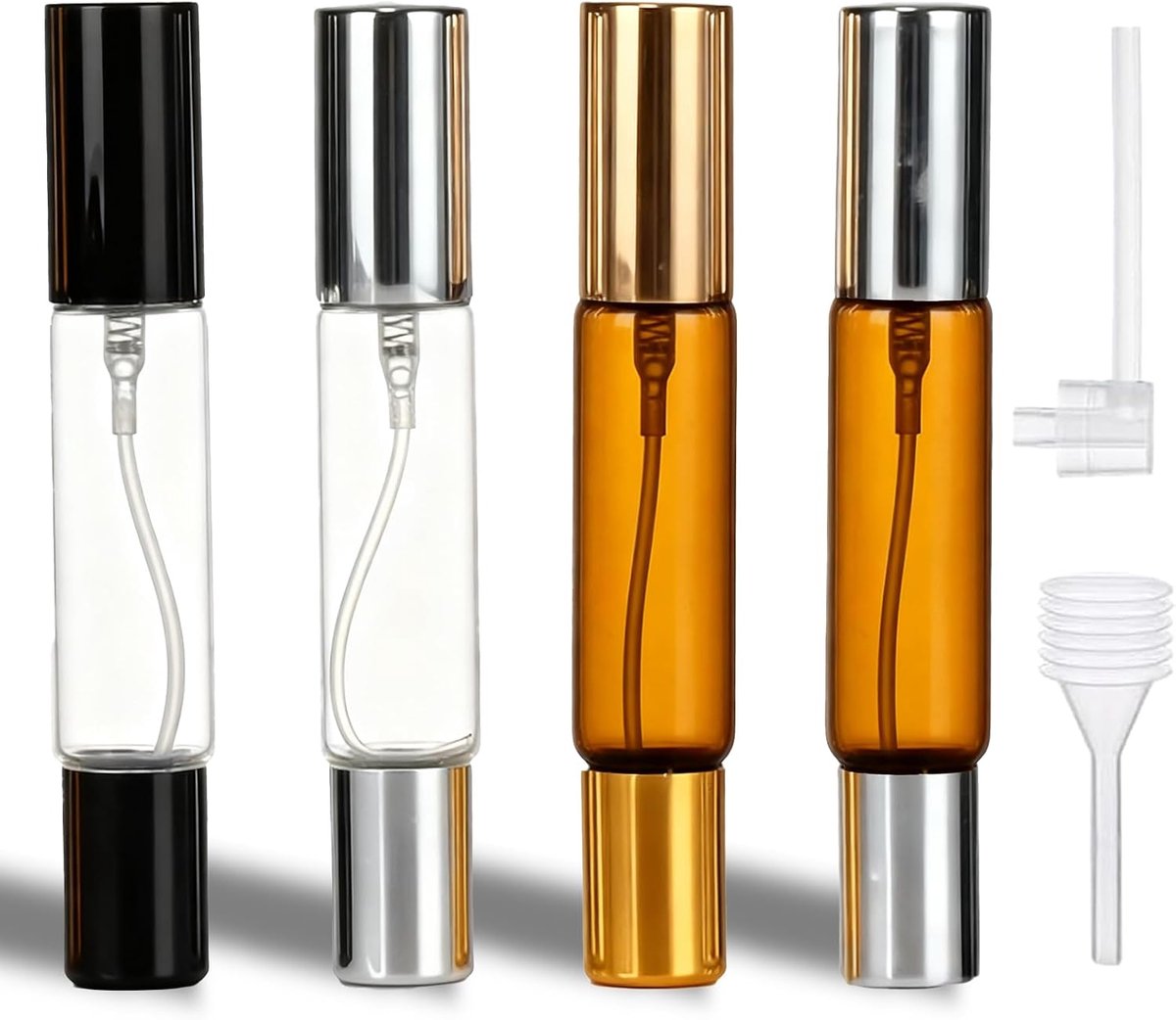 4-stuks 2-in-1 Navulbare Parfumflesjes, 10 ml Dubbele-uiteinde Reisflessen met Spray- en Rollerontwerp, Lekvrije Glazen Verstuiver voor Parfum, eau de Cologne en Etherische Oliën