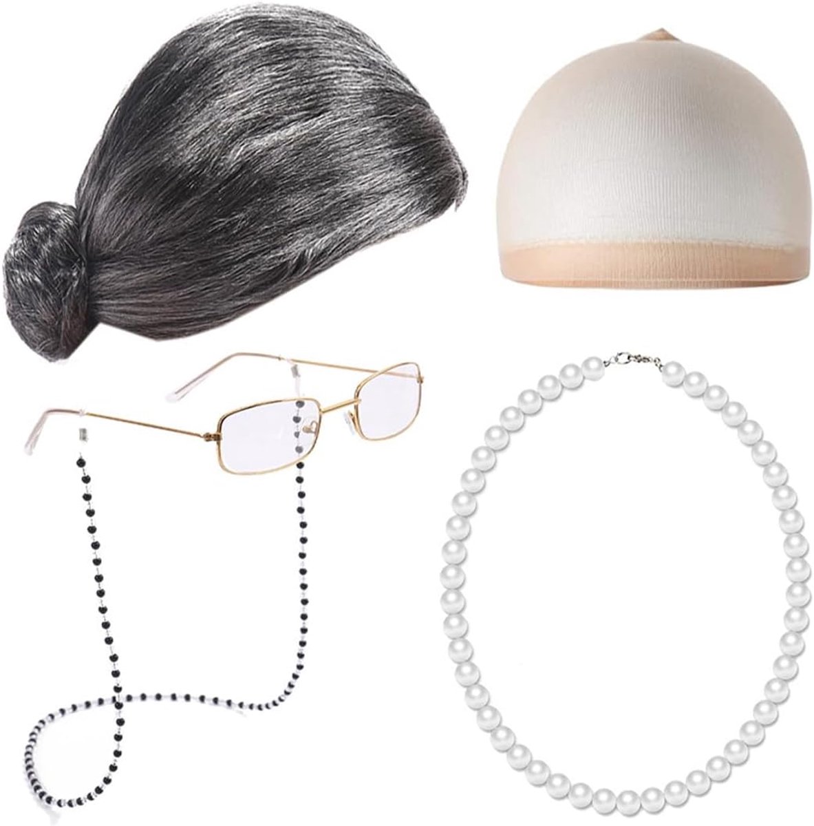 Dame Fancy Dress Oma Pruik Set Grootmoeder Cosplay Accessoire Voor Halloween Maskerade Carnaval