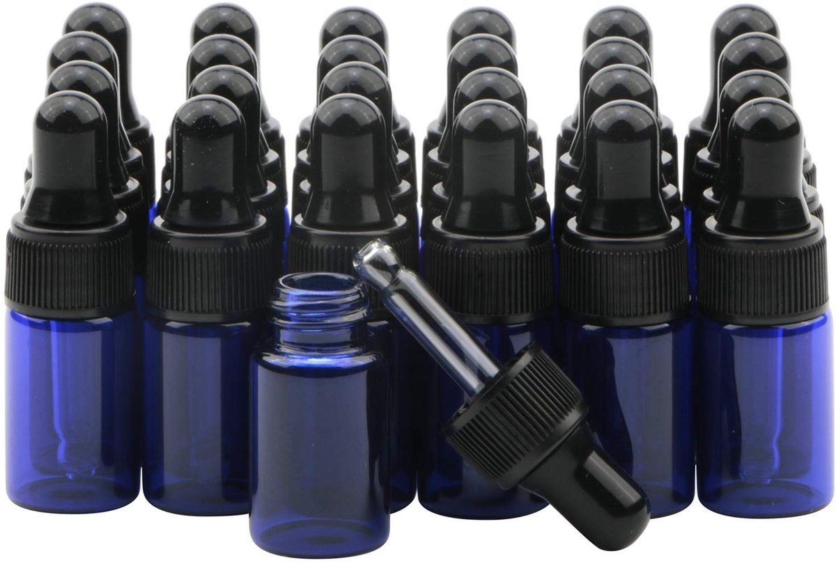 Omgoods - Set van 30 Blauwe Glazen Flessen voor Essentiële Olie met Pipet