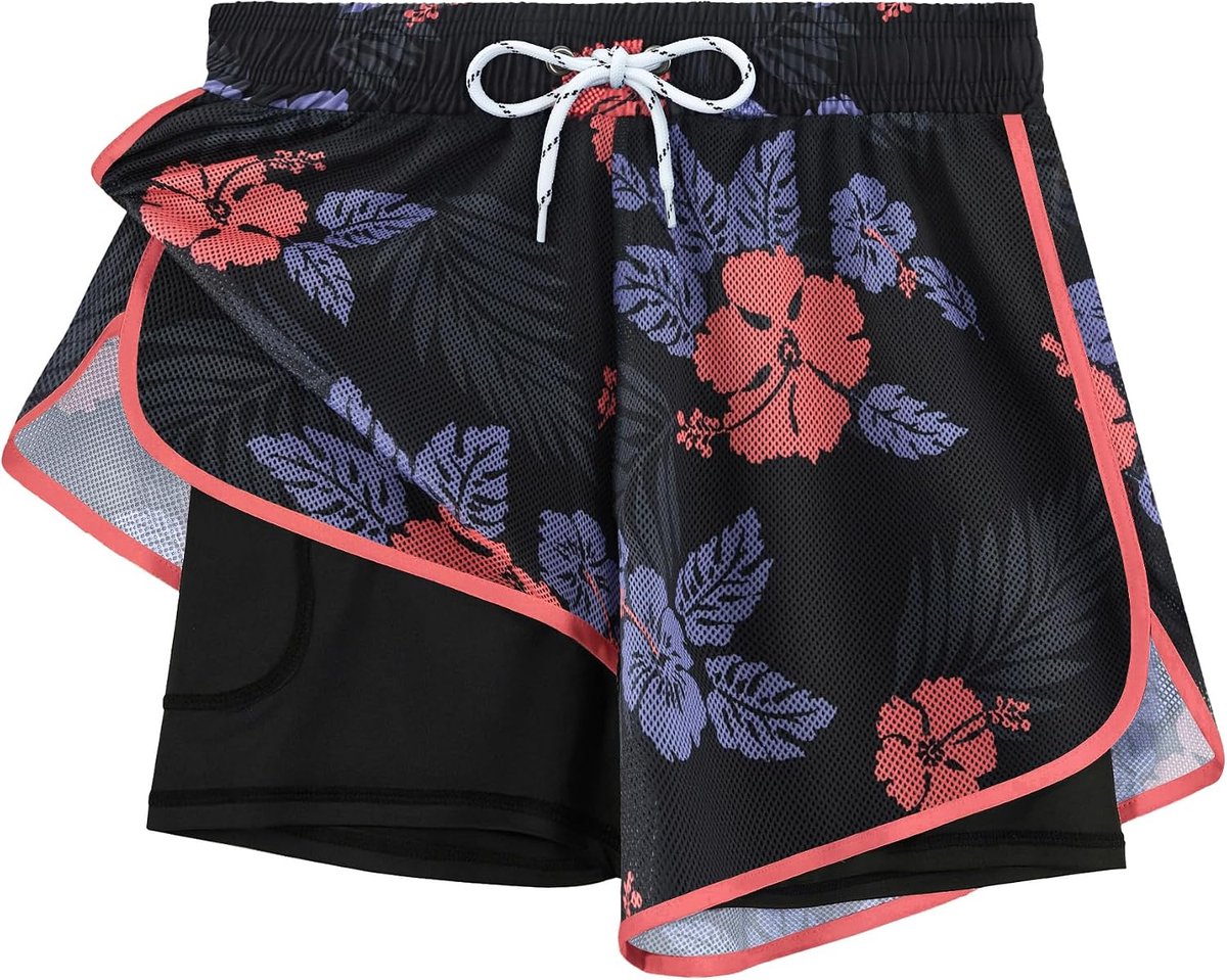 Shorts voor dames, zwembroek, strandbroek, surfshorts met binnenbroek, Net Bloemen Roze W30, XL