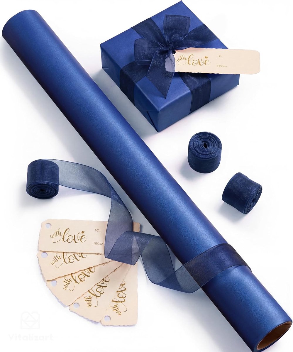 Cadeaupapier 43 cm x 5 m, Parelmoerpapier Cadeaupapier Rol & Organza Linten & Cadeaulabels Set voor Valentijnsdag, Bruiloft, Verjaardag, Kerstmis, Baby Shower