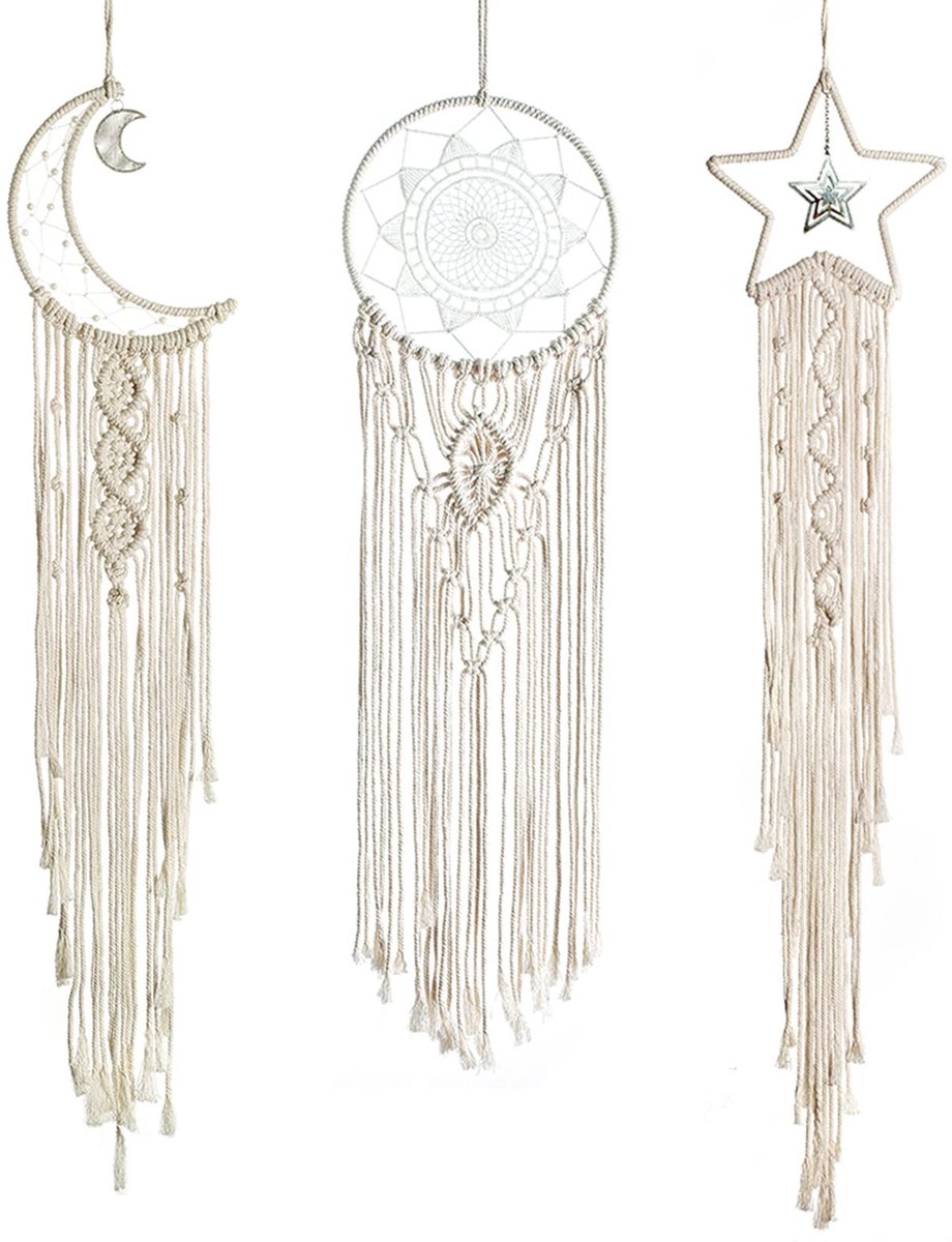 Omgoods - 3-delige Dromenvanger Set - Zon, Maan en Ster Macrame Boho Decoratie