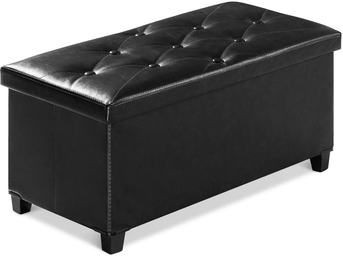 Omgoods - Opberg Ottoman met 4 Houten Benen - Zwart Leder