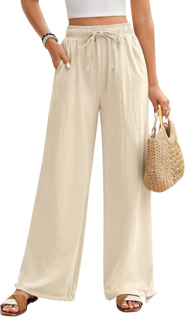 Damesbroek voor de zomer, elegant, licht, comfortabel, los, effen, casual, met zakken, trekkoord, palazzo broek, 100% katoen, broek