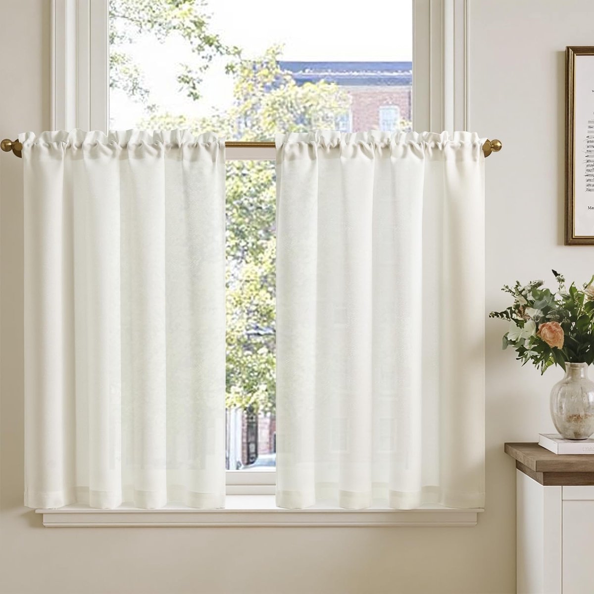 Omgoods - Set van 2 Witte Linnen Look Gordijnen - Translucente Schermgordijnen voor Keuken