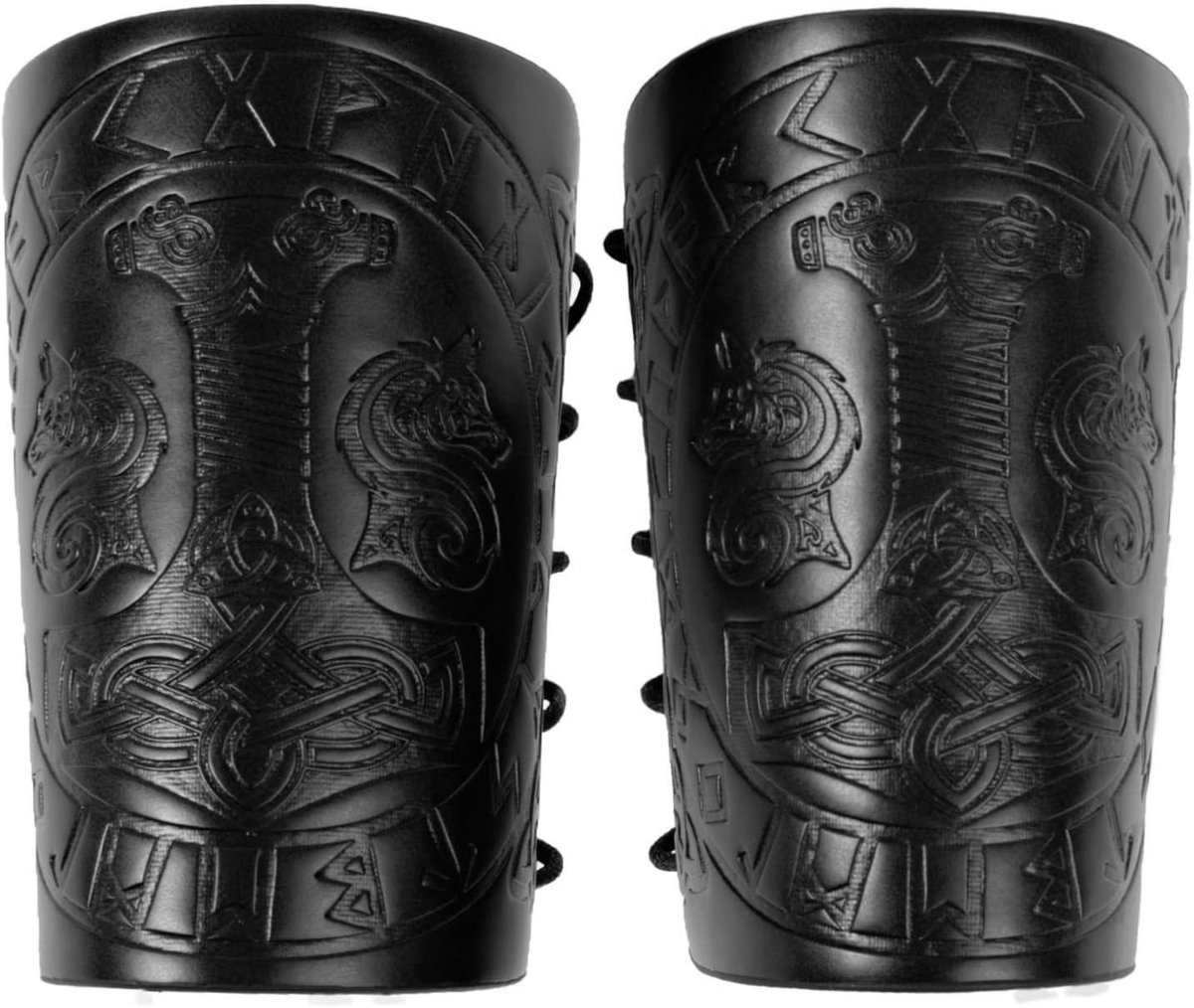 2 stuks Viking Bracers, Mjolnir reliëf armbeschermers, handgemaakte lederen armbeschermers, Middeleeuwse Gauntlet-polsband, Vintage Dragonweave Bracers voor heren