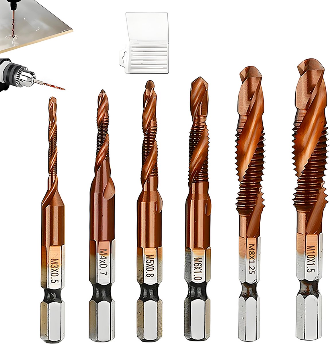 Boor- en tapset - 6-delige set - Tappen en boren van kobaltlegering - Geschikt voor M3-M10 boormachines - Tapboren - Combinatietappen - Boren - Inclusief opbergdoos
