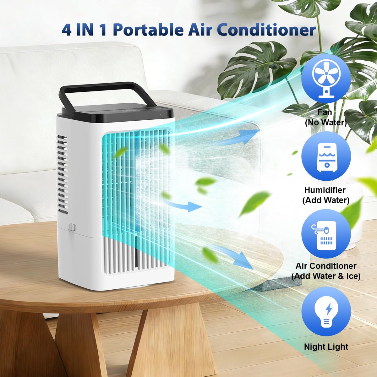 SnelShoppen - Geruisarme mobiele airconditioner, 1200 ml luchtkoeler-ventilator met 4 snelheden, 90°-oscillatie, 2 mistmodi, zuiver wit voor keuken en