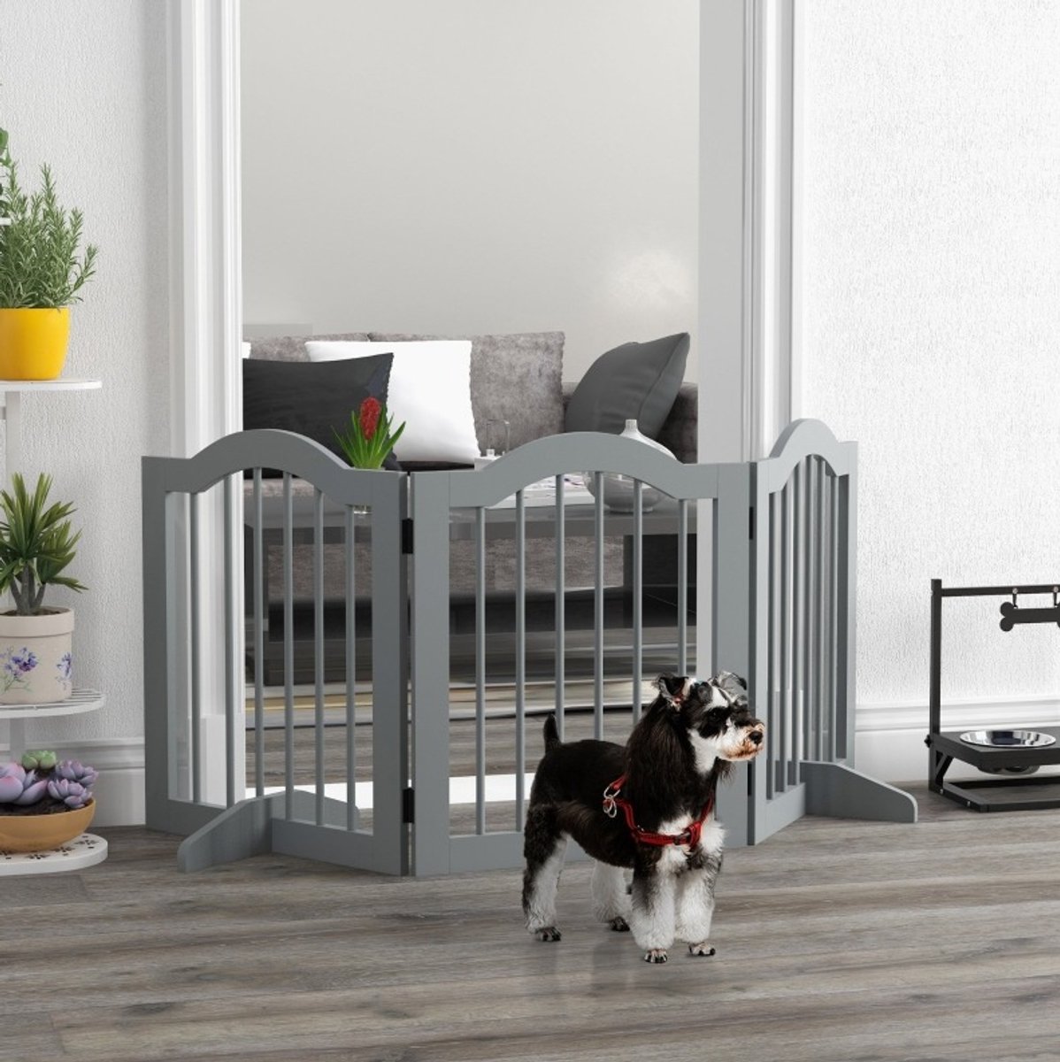 REDOM- Hondenhek - 3-delig opvouwbaar - Met deur en 2 stutvoeten - Houten structuur - Voor deuropeningen en gangen - Hout en MDF - Lichtgrijs - 154,5 x 61 cm