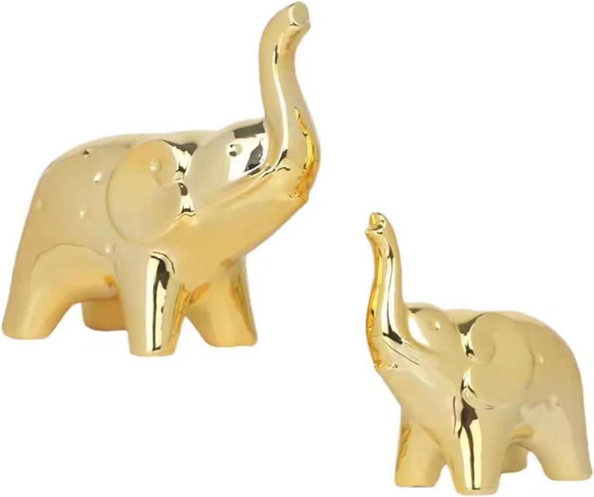 SnelShoppen - 2Pcs Keramische Olifanten Ornament Desktop Beeldje Kleine Dieren Olifantfiguur Woonkamer Decoratie Modern Figuur (Goud)