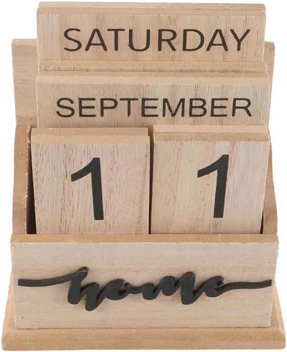 Aftelbord eeuwigdurende kalender - vintage houten blok - bruin decoratie - perfect voor bureau of kantoor - SnelShoppen