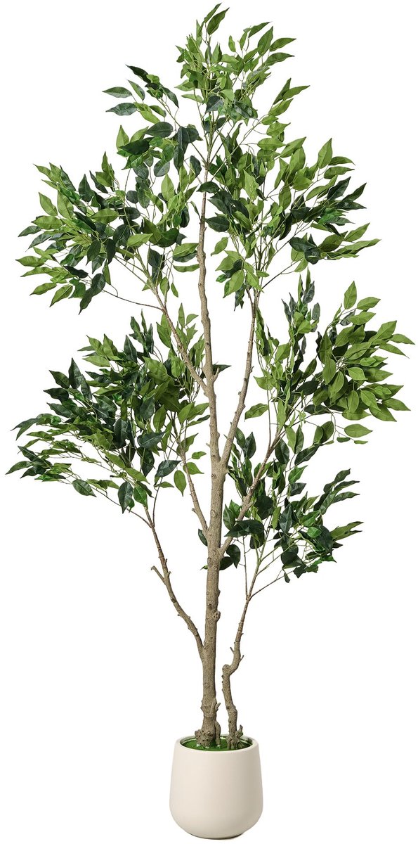 SnelShoppen - Kunstmatige ficus 180 cm - Realistische kunstplant met grote bladeren - Kunstbanian met witte pot en mos - Decoratieve boom voor woonkam