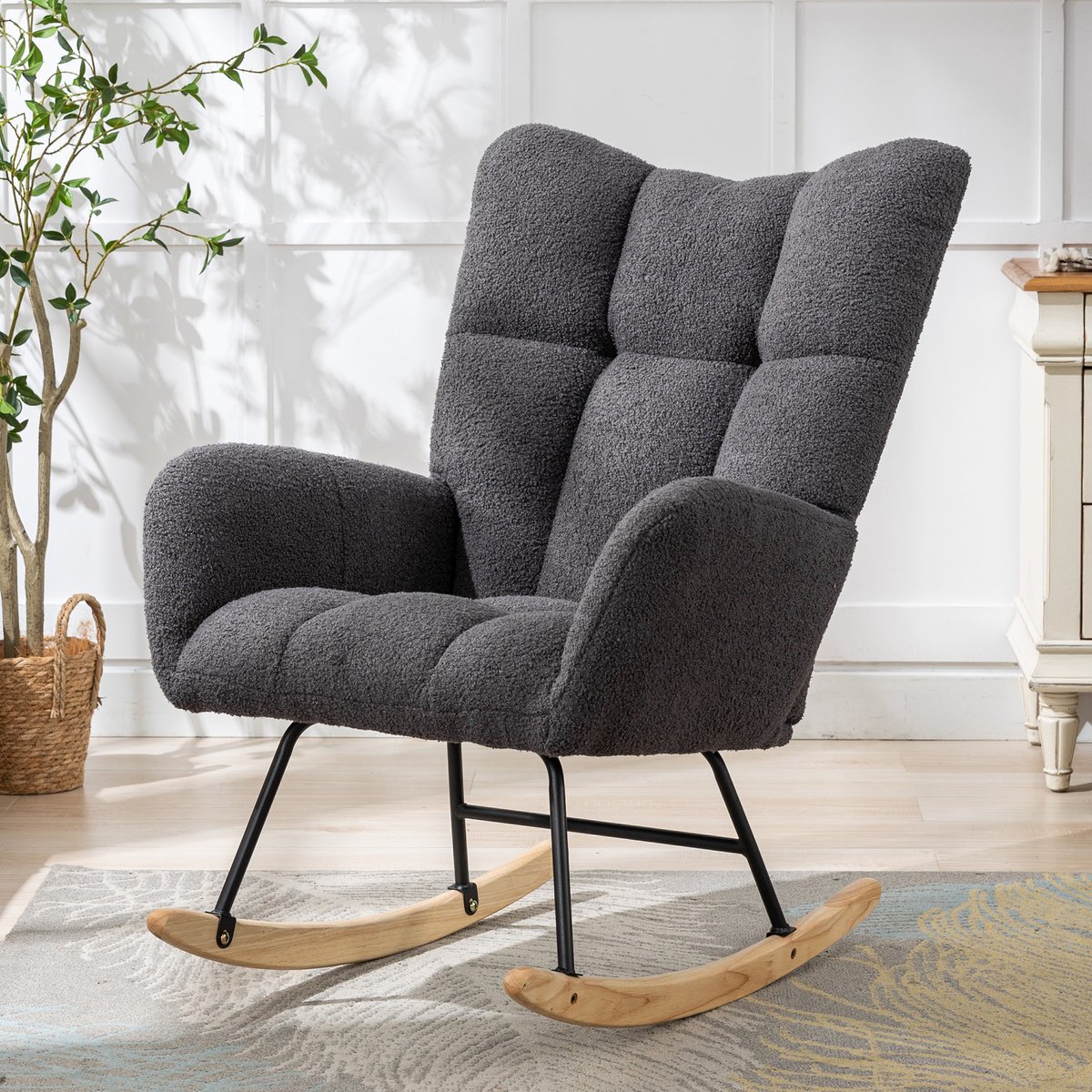 Scandinavische Teddy Schommelstoel - Relaxstoel - Ergonomische Rugleuning - Zachte Teddy Stof - Stevige Houten Basis - Comfortabele Stoel voor Woonkamer Slaapkamer Babykamer-Grijs