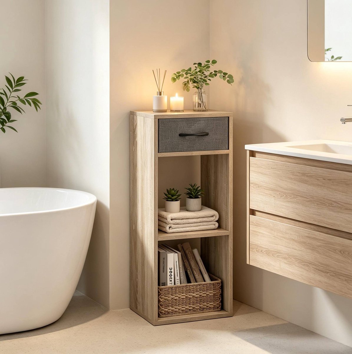 COVREO Boekenkast 32,4 x 30 x 80 cm grijs en licht eiken, met lade