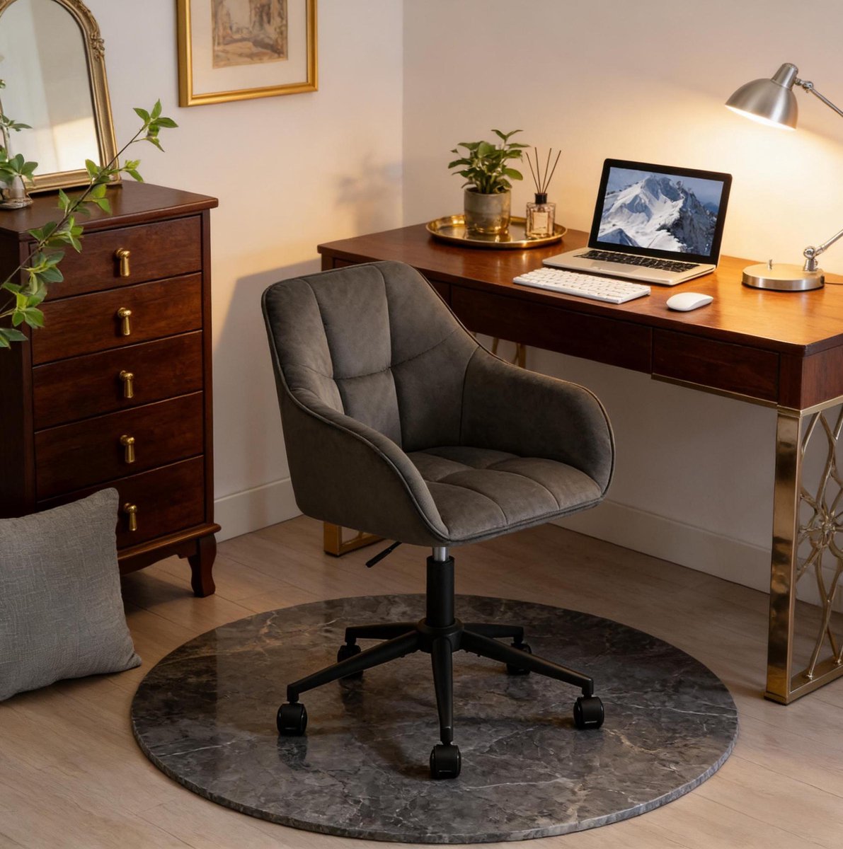 COVREO Bureaustoel 61 cm donkergrijs, metaal en velvet, met wielen