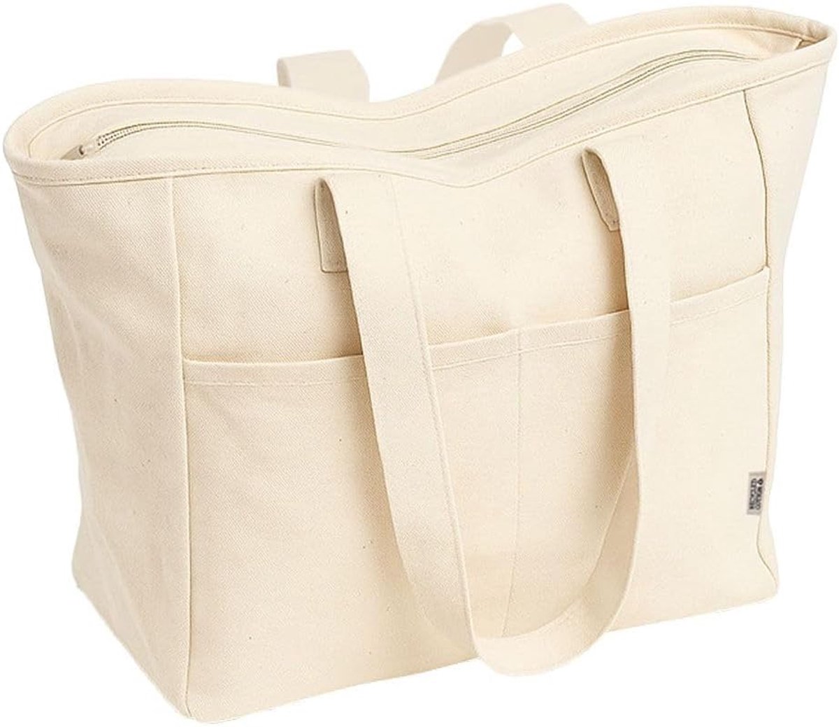 SnelShoppen - Grote Canvas Tote Bag met Ritssluiting 42 x 37 x 15 cm - Winkeltas van Gerecycled Katoen 450 g/m² met Dubbel Voorvak en Lange Handgrepen