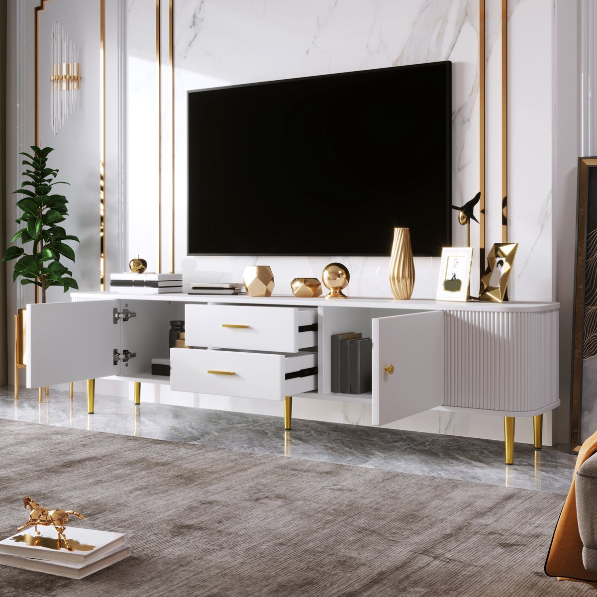 MEUNIQ TV-kast 170 x 34 x 45 cm met 2 lades en 2 deuren, ronde hoeken, golvende zijkanten, gouden handgrepen en poten, woonkamer, wit
