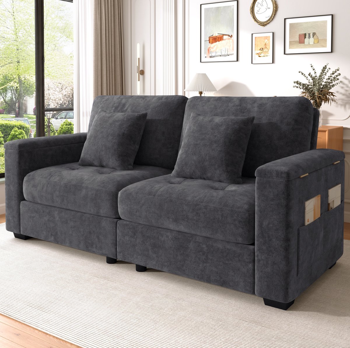 STILVORA Zitbank 180 Cm - 2-Zits Met Opbergruimte In Armleuningen En Zijvakken - Voor Kleine Woonkamer Of Appartement - Chenille Donkergrijs