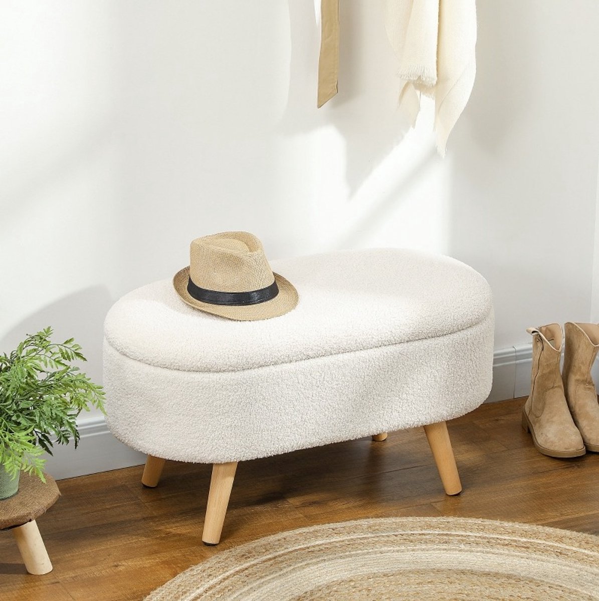 MEUNIQ opberghocker met deksel 82 x 41 x 45 cm, zitbank met opbergruimte, zachte bekleding, houten poten, voor hal woonkamer slaapkamer, wit