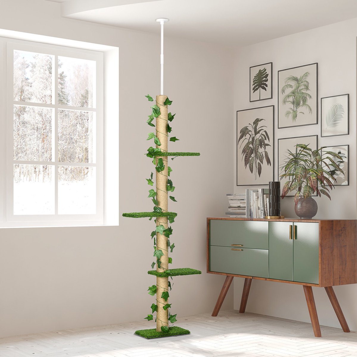 MEUNIQ Krabpaal 202-242 cm hoogteverstelbaar met jute krabzuil en plafondklem, smalle kattenkrabpaal voor klimmen en krabben binnenshuis, groen