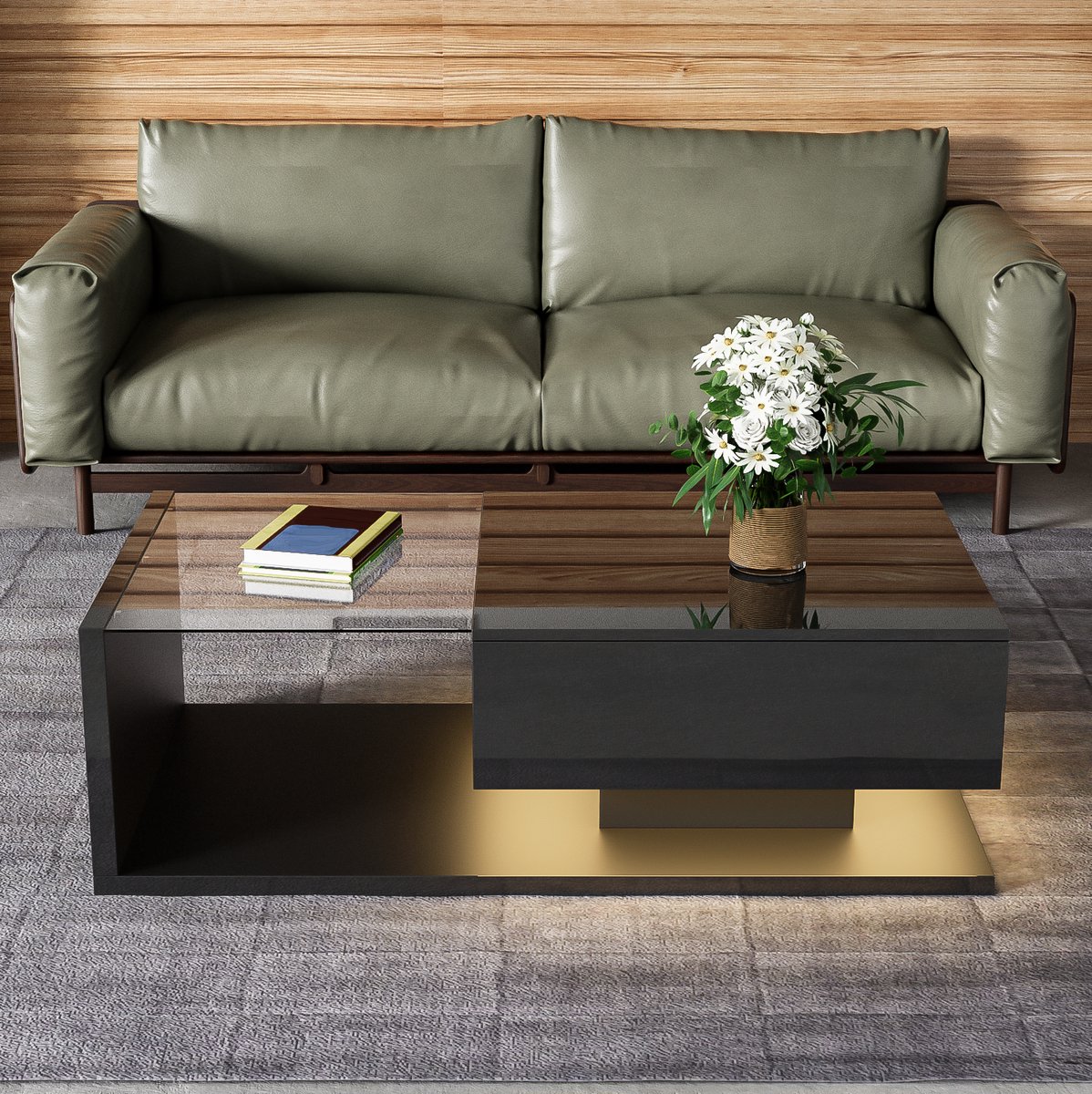 HAUSS SPOLE Salontafel - Hoogglans Zwart Met Glasplaat En Verstelbare Ledverlichting - Opbergvak Voor Woonkamer - Spaanplaat - 105x55x32,5 Cm