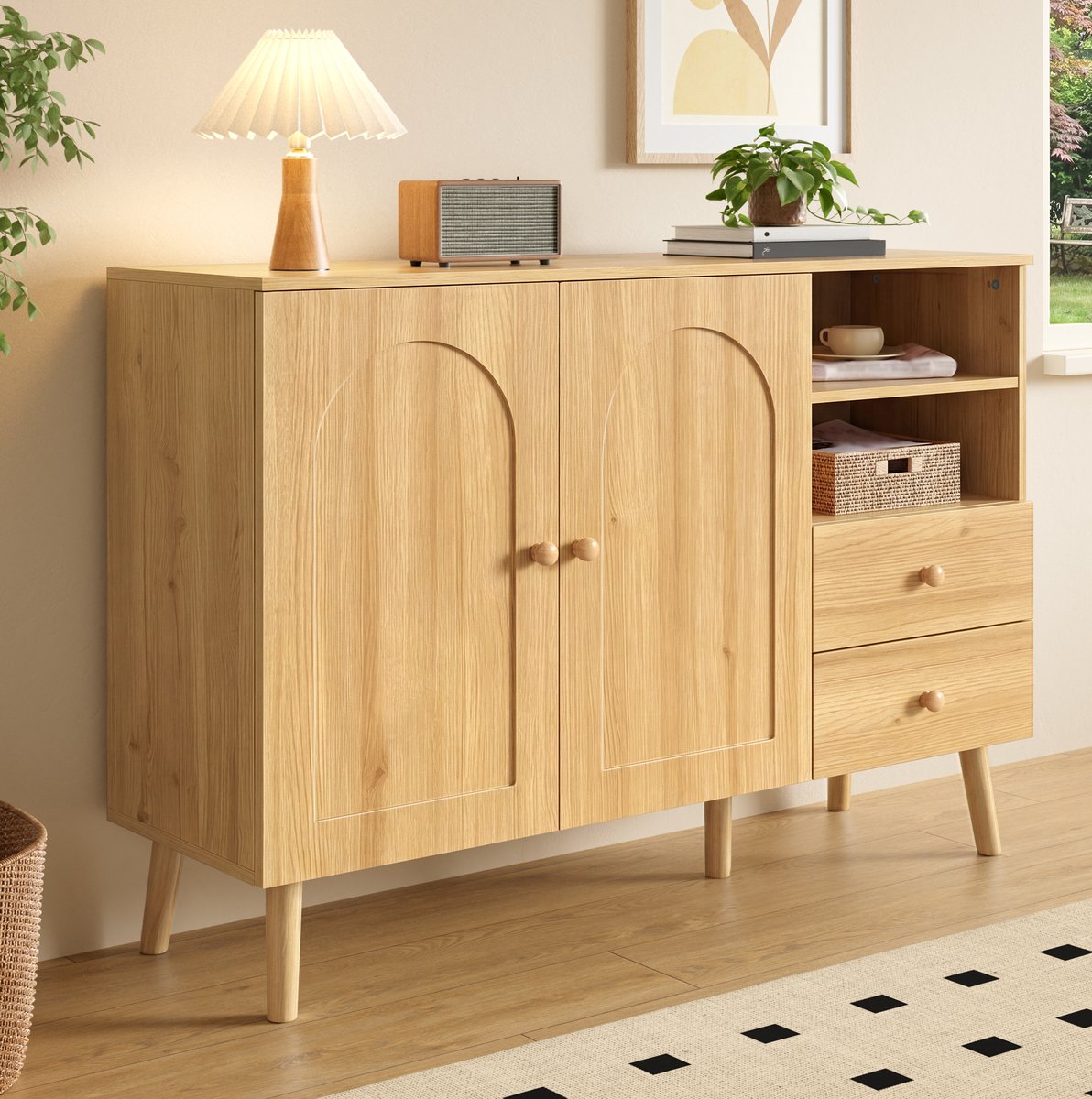 FloraGrace Dressoir - Gewelfde Deuren Met 2 Lades En 2 Open Vakken - Voor Woonkamer Eetkamer En Hal - MDF En Spaanplaat - 118x35x82 Cm - Naturel