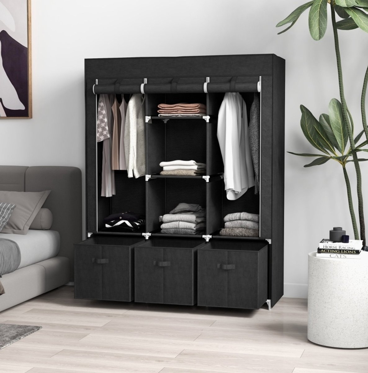 FloraGrace Kledingkast - Opvouwbare Stoffen Kast Met 3 Lades En 2 Hangroedes - Voor Slaapkamer Of Berging - Zwart - 125x43x162,5 Cm